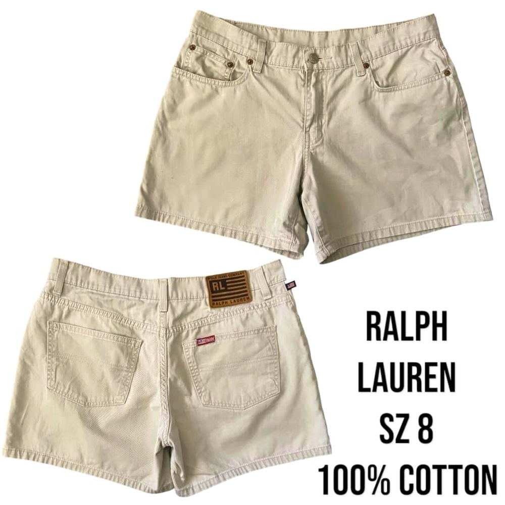 VTG Polo Jeans Ralph Lauren Shorts Womens 8 Beige Flag Patch Logo Casual 90s